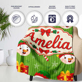 Cute Snowman Candy Cane Gift Box Green Stripe Seamless Pattern  Personalised Custom Name Super Soft Fleece Blanket Bed Sofa Throw