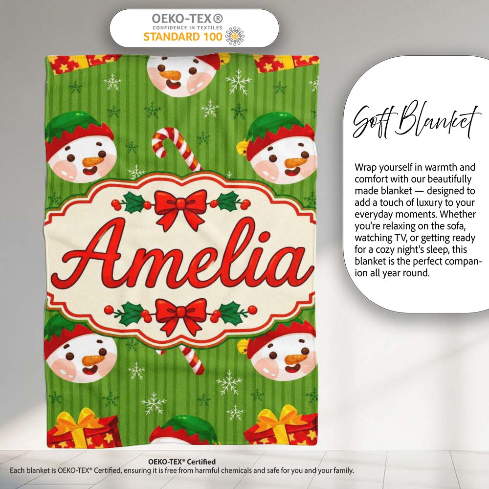 Cute Snowman Candy Cane Gift Box Green Stripe Seamless Pattern  Personalised Custom Name Super Soft Fleece Blanket Bed Sofa Throw