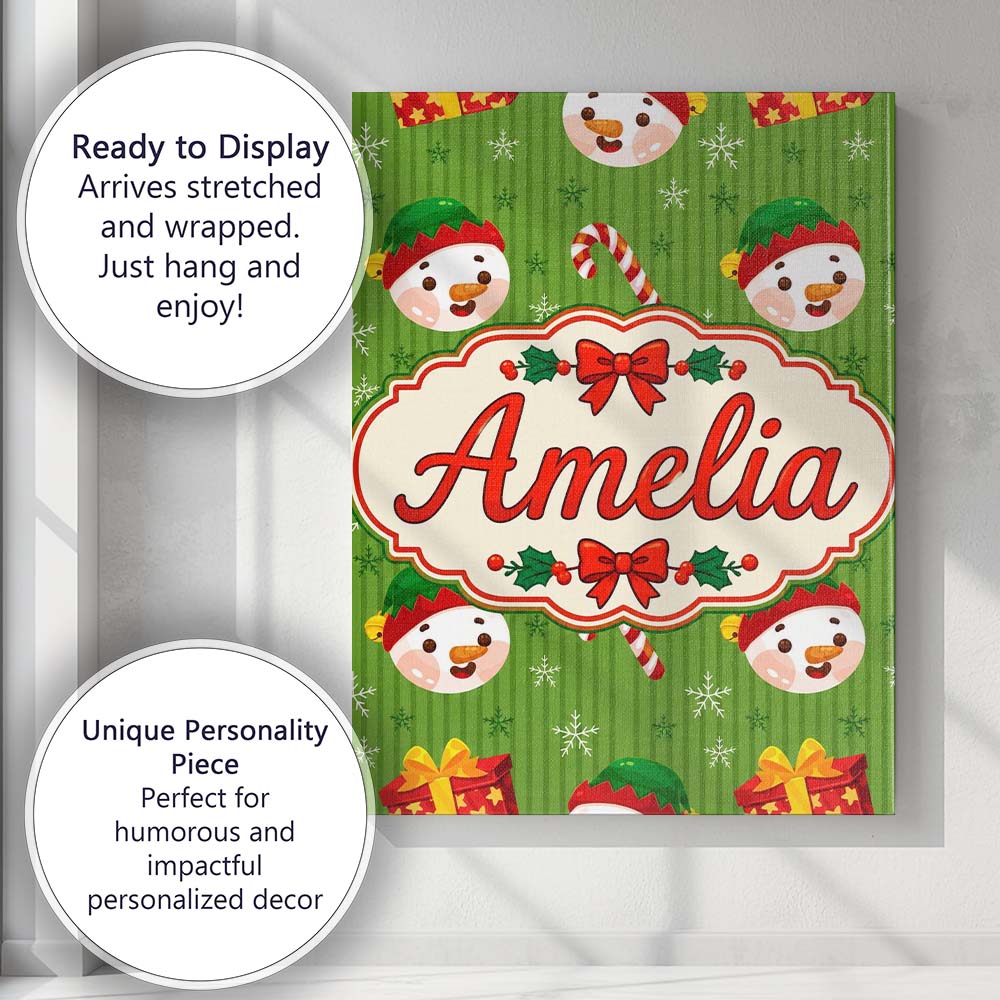 Personalised Name Cute Snowman Candy Cane Custom  Unique Gift Idea Elegant Feature Canvas Wall Art Print Decor Picture Ready to Hang
