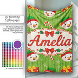 Cute Snowman Candy Cane Gift Box Green Stripe Seamless Pattern  Personalised Custom Name Super Soft Fleece Blanket Bed Sofa Throw