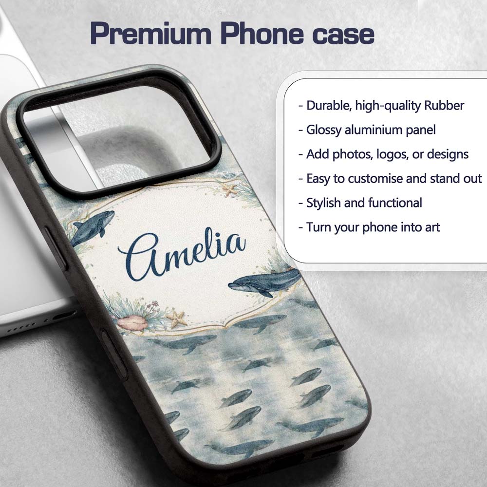 Deep Teal Whale Seamless Pattern Minimal Marine Custom Name Protective Phone Case Mobile Cover Durable Everyday Smartphone Shock Resistant