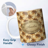 Personalized Custom Name Warm Brown Vintage Palm Tree Repeat Pattern on Aged Beige Background 11oz Ceramic Coffee Tea Mug White Large Handle