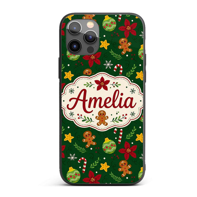 Cute Gingerbread Poinsettia Ornament Candy Cane Custom Name Protective Phone Case Mobile Cover Durable Everyday Smartphone Shock Resistant