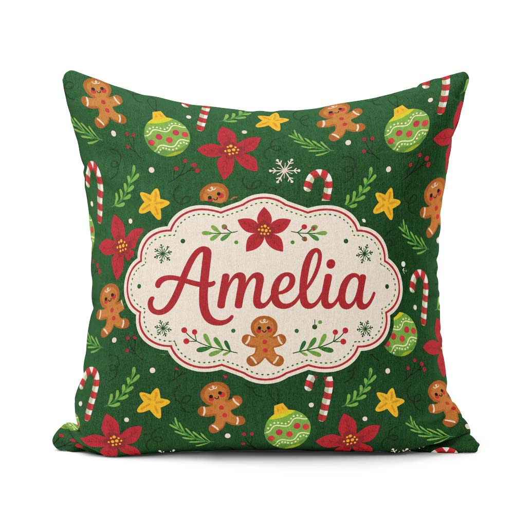 Custom Name Cute Poinsettia Ornament Candy Cane Seamless Pattern Square Filled Cushion Throw Pillow Sofa Bed Home Decor Zip Washable UK Made
