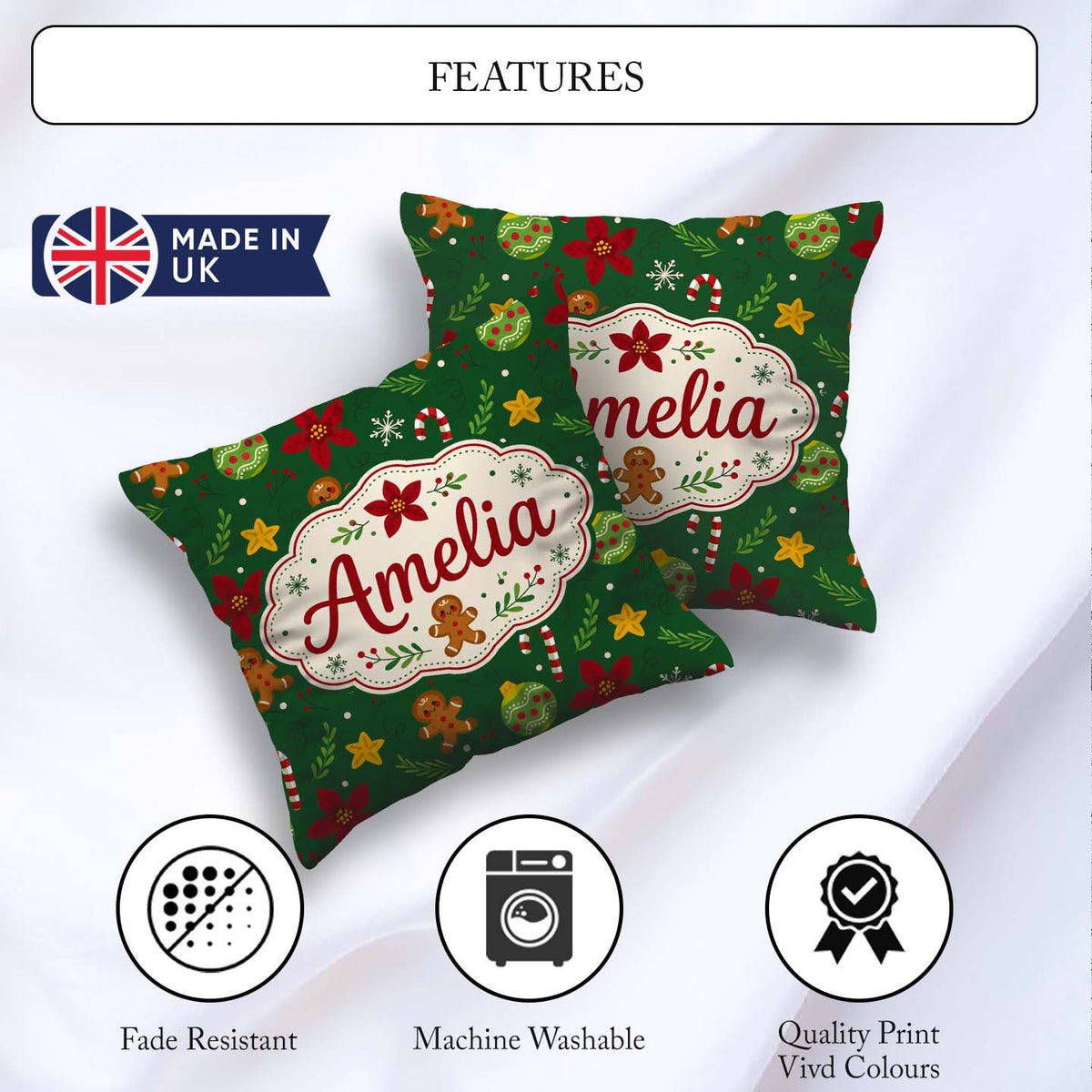 Custom Name Cute Poinsettia Ornament Candy Cane Seamless Pattern Square Filled Cushion Throw Pillow Sofa Bed Home Decor Zip Washable UK Made