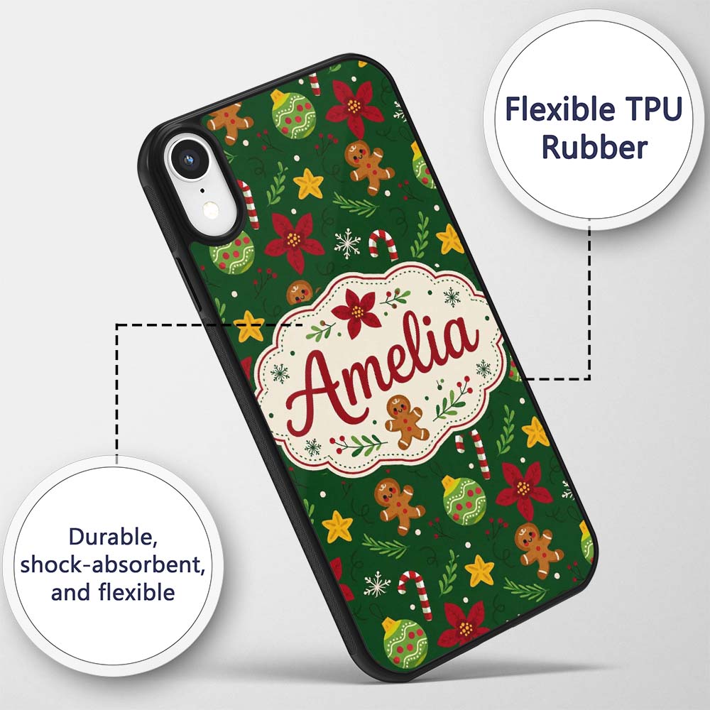 Cute Gingerbread Poinsettia Ornament Candy Cane Custom Name Protective Phone Case Mobile Cover Durable Everyday Smartphone Shock Resistant