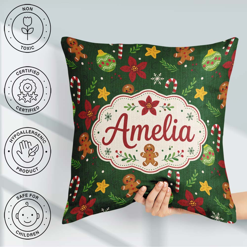 Custom Name Cute Poinsettia Ornament Candy Cane Seamless Pattern Square Filled Cushion Throw Pillow Sofa Bed Home Decor Zip Washable UK Made