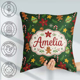 Custom Name Cute Poinsettia Ornament Candy Cane Seamless Pattern Square Filled Cushion Throw Pillow Sofa Bed Home Decor Zip Washable UK Made
