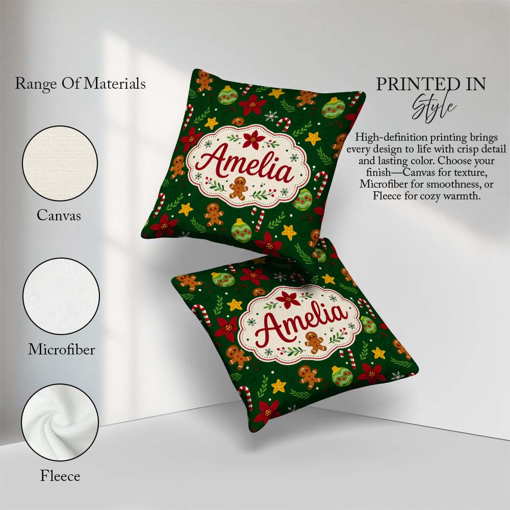 Custom Name Cute Poinsettia Ornament Candy Cane Seamless Pattern Square Filled Cushion Throw Pillow Sofa Bed Home Decor Zip Washable UK Made