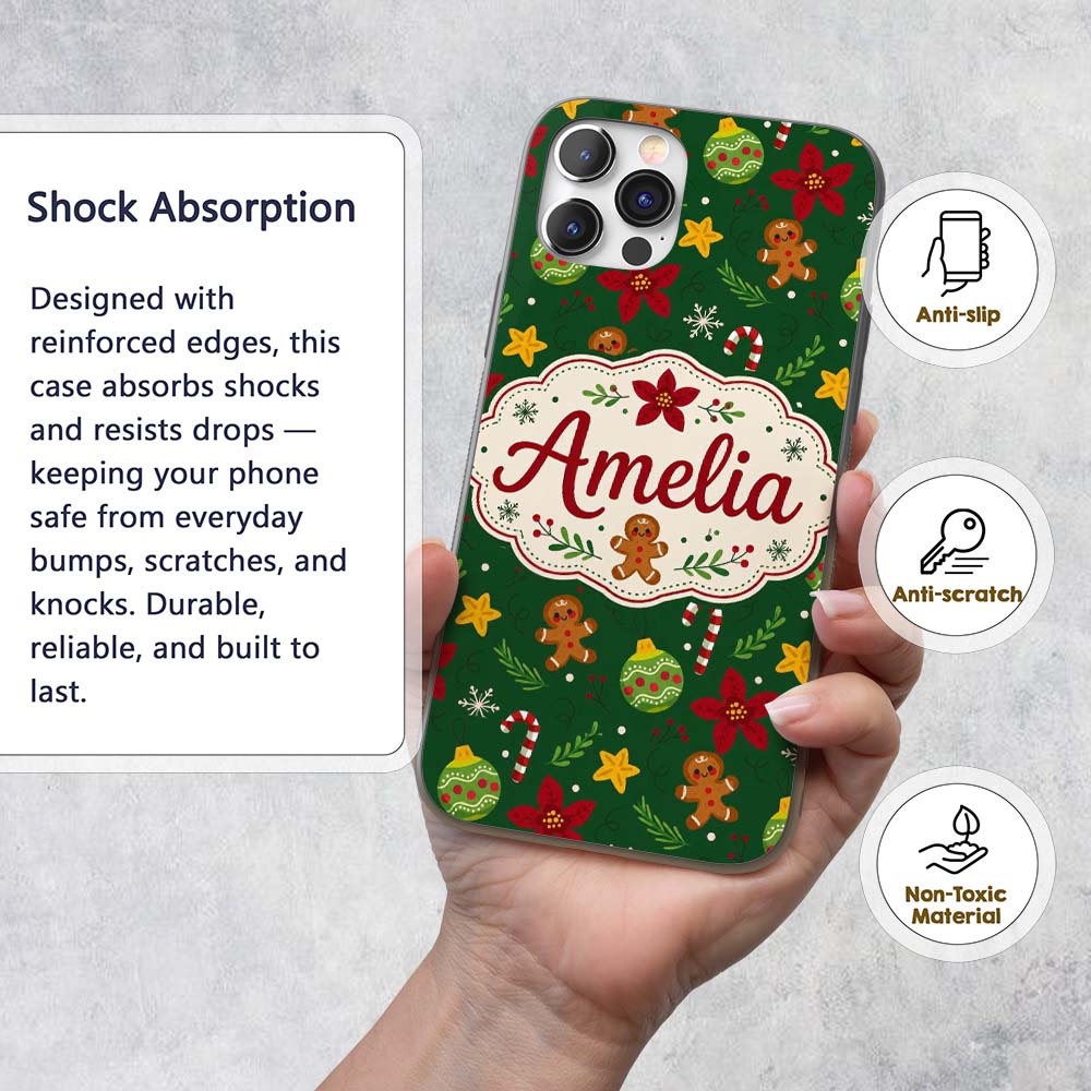 Cute Gingerbread Poinsettia Ornament Candy Cane Custom Name Protective Phone Case Mobile Cover Durable Everyday Smartphone Shock Resistant