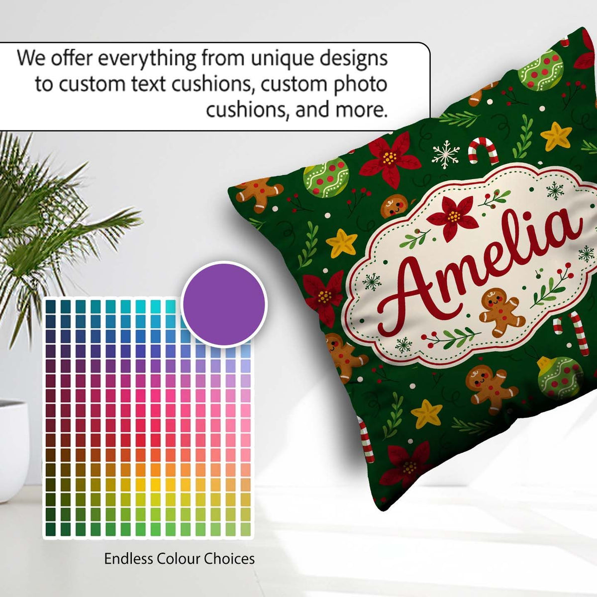 Custom Name Cute Poinsettia Ornament Candy Cane Seamless Pattern Square Filled Cushion Throw Pillow Sofa Bed Home Decor Zip Washable UK Made