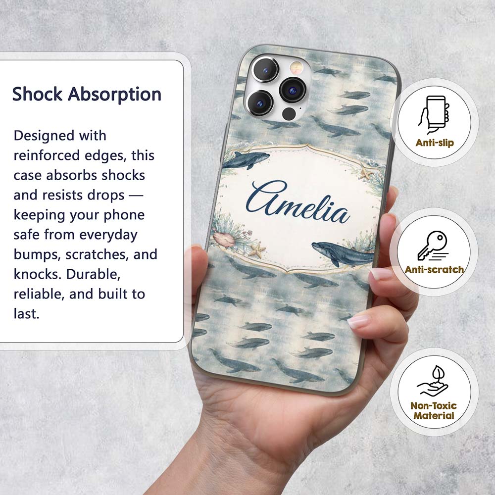 Deep Teal Whale Seamless Pattern Minimal Marine Custom Name Protective Phone Case Mobile Cover Durable Everyday Smartphone Shock Resistant