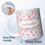 Personalized Custom Name Soft Pastel Gemstone Seamless Light Background Watercolor Crystal 11oz Ceramic Coffee Tea Mug White Large Handle