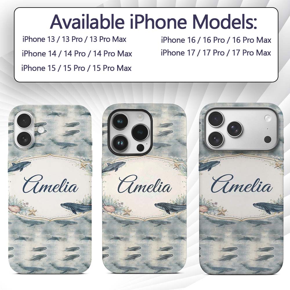 Deep Teal Whale Seamless Pattern Minimal Marine Custom Name Protective Phone Case Mobile Cover Durable Everyday Smartphone Shock Resistant