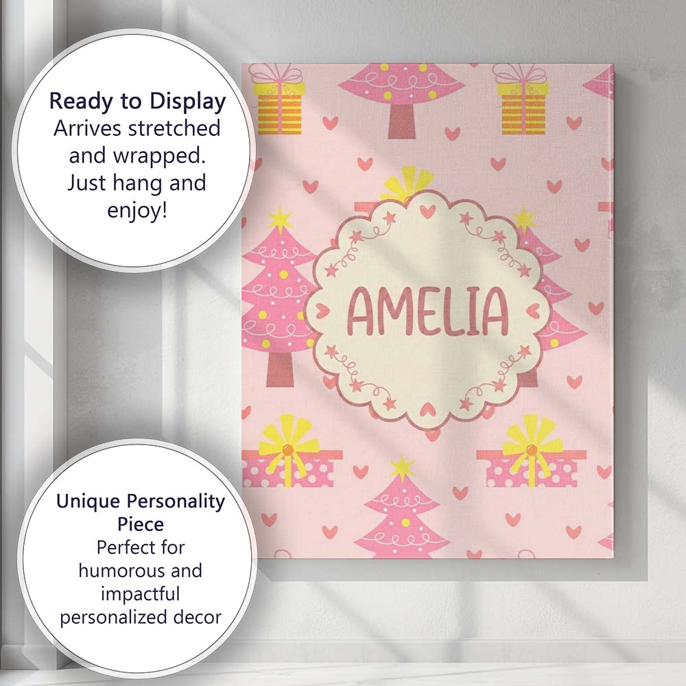 Personalised Name Pink Christmas Tree Custom  Unique Gift Idea Modern Room Accent Canvas Wall Art Print Decor Picture Ready to Hang