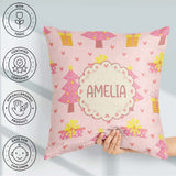 Custom Name Pink Christmas Tree Box Heart Seamless Pattern Cute Square Filled Cushion Throw Pillow Sofa Bed Home Decor Zip Washable UK Made