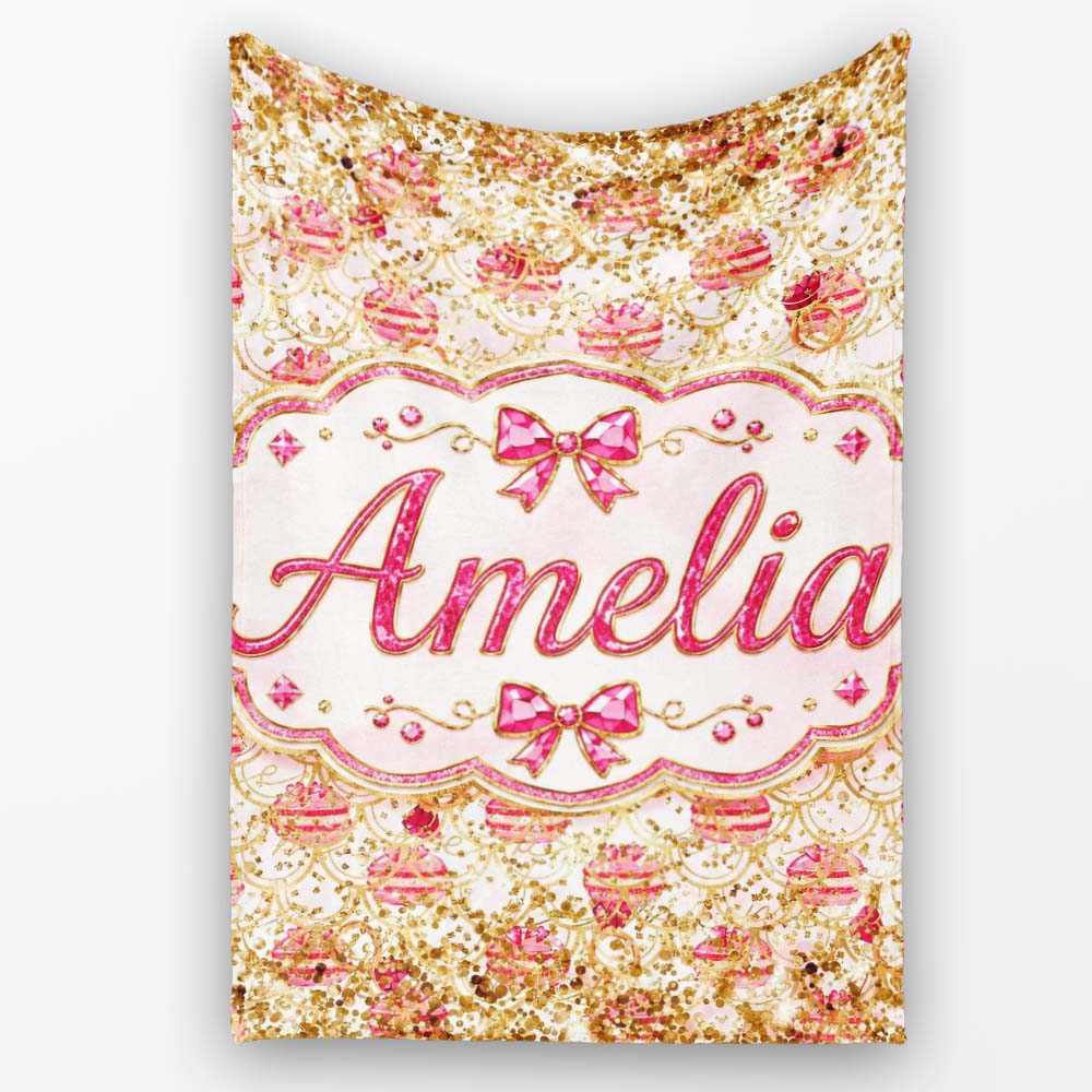 Luxury Pink Gold Ornament Glitter Seamless Pattern Cute Unique Gift  Personalised Custom Name Super Soft Fleece Blanket Bed Sofa Throw