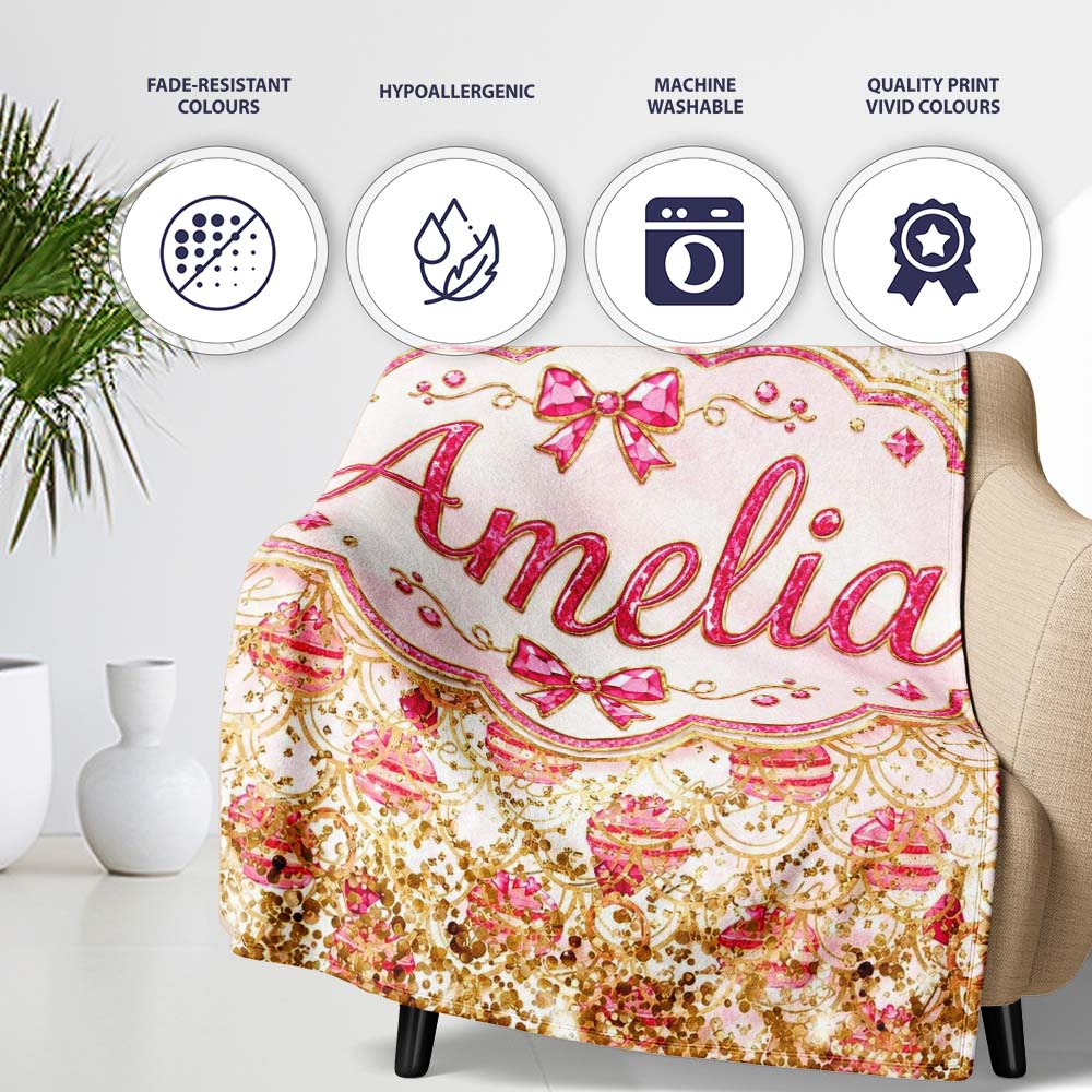 Luxury Pink Gold Ornament Glitter Seamless Pattern Cute Unique Gift  Personalised Custom Name Super Soft Fleece Blanket Bed Sofa Throw
