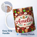Personalized Custom Name Cute Gingerbread Snowman Mug Ornament Seamless Pattern Christmas 11oz Ceramic Coffee Tea Mug White Large Handle