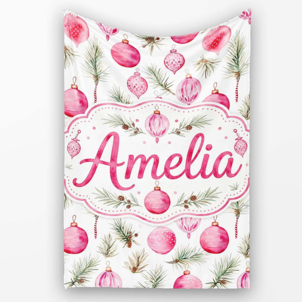 Watercolor Pink Bauble Pine Branch Christmas Seamless Pattern Lovely  Personalised Custom Name Super Soft Fleece Blanket Bed Sofa Throw