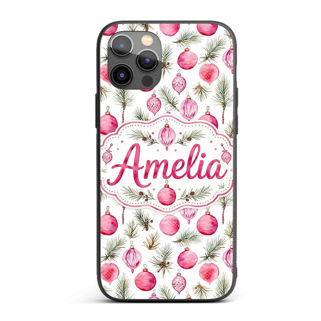Watercolor Pink Bauble Pine Branch Christmas Custom Name Protective Phone Case Mobile Cover Durable Everyday Smartphone Shock Resistant