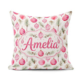 Custom Name Watercolor Pink Bauble Pine Branch Christmas Pattern Square Filled Cushion Throw Pillow Sofa Bed Home Decor Zip Washable UK Made