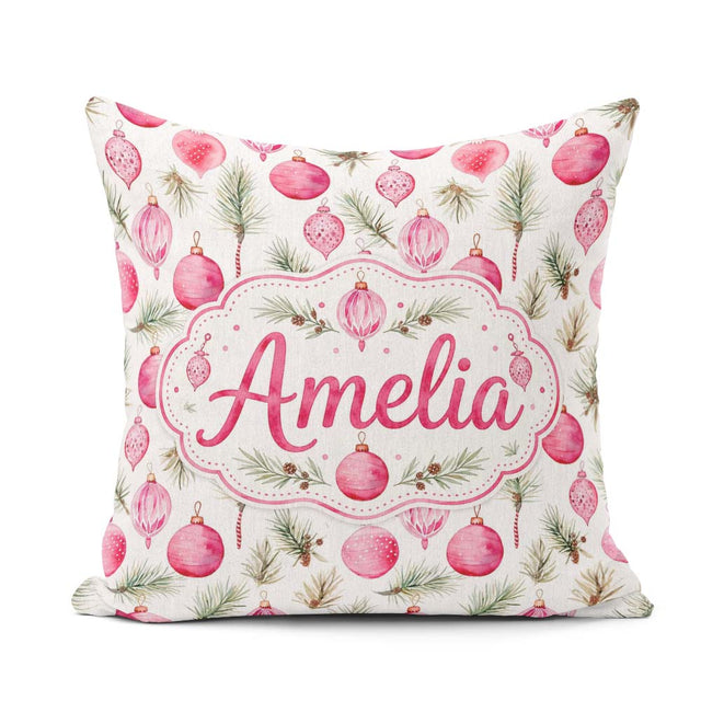 Custom Name Watercolor Pink Bauble Pine Branch Christmas Pattern Square Filled Cushion Throw Pillow Sofa Bed Home Decor Zip Washable UK Made