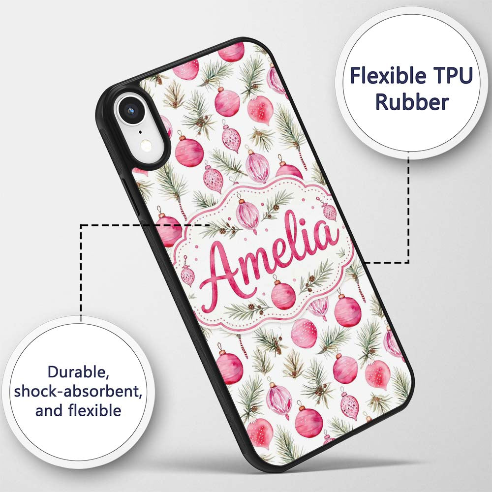 Watercolor Pink Bauble Pine Branch Christmas Custom Name Protective Phone Case Mobile Cover Durable Everyday Smartphone Shock Resistant