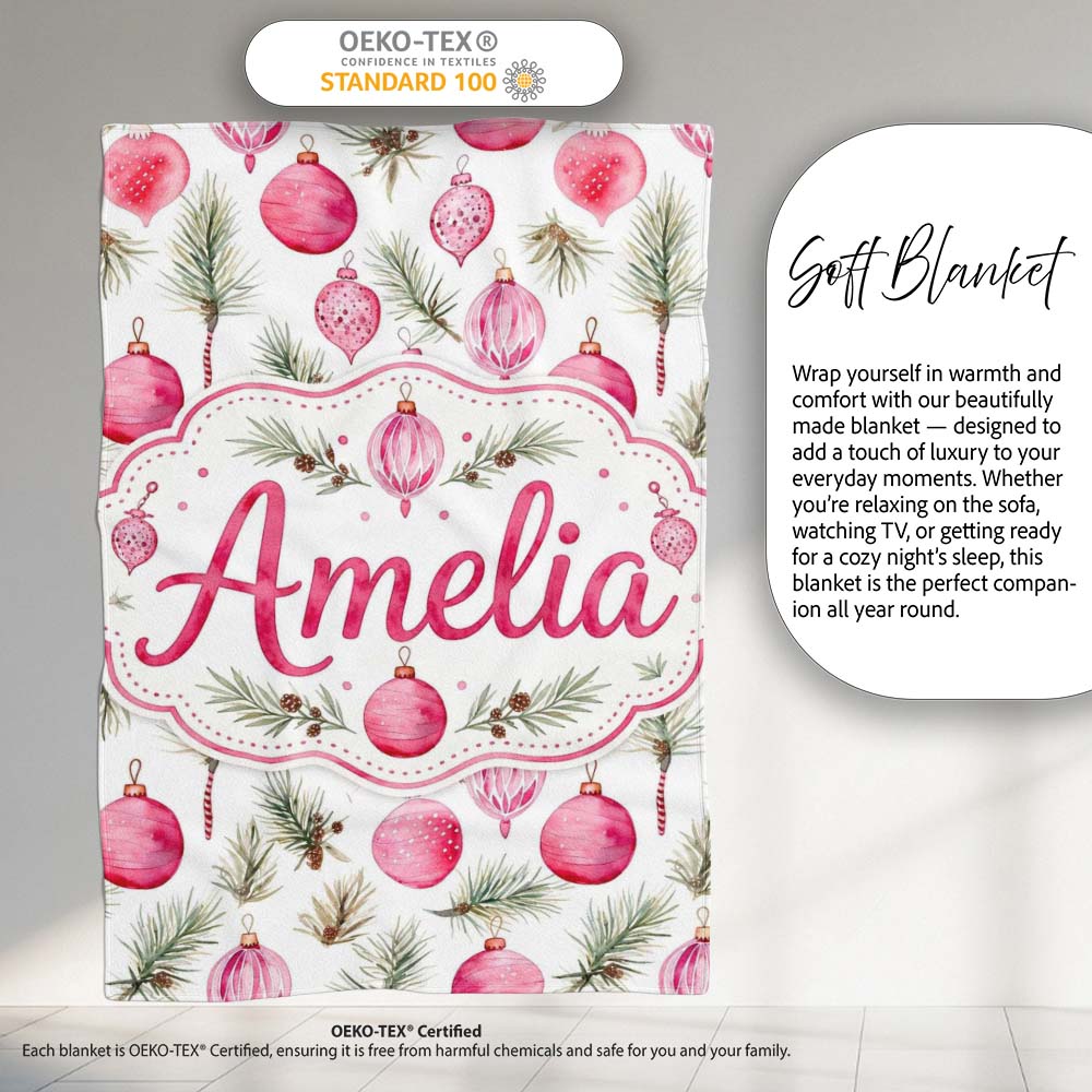 Watercolor Pink Bauble Pine Branch Christmas Seamless Pattern Lovely  Personalised Custom Name Super Soft Fleece Blanket Bed Sofa Throw