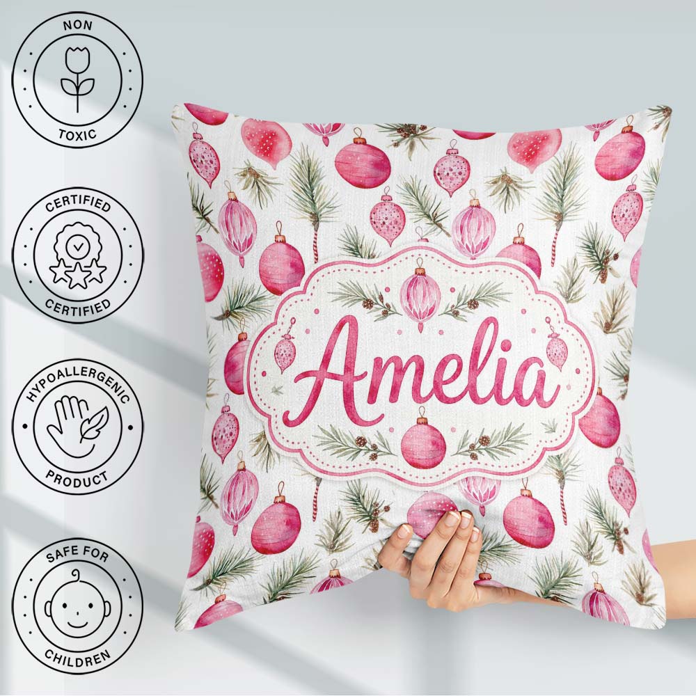 Custom Name Watercolor Pink Bauble Pine Branch Christmas Pattern Square Filled Cushion Throw Pillow Sofa Bed Home Decor Zip Washable UK Made