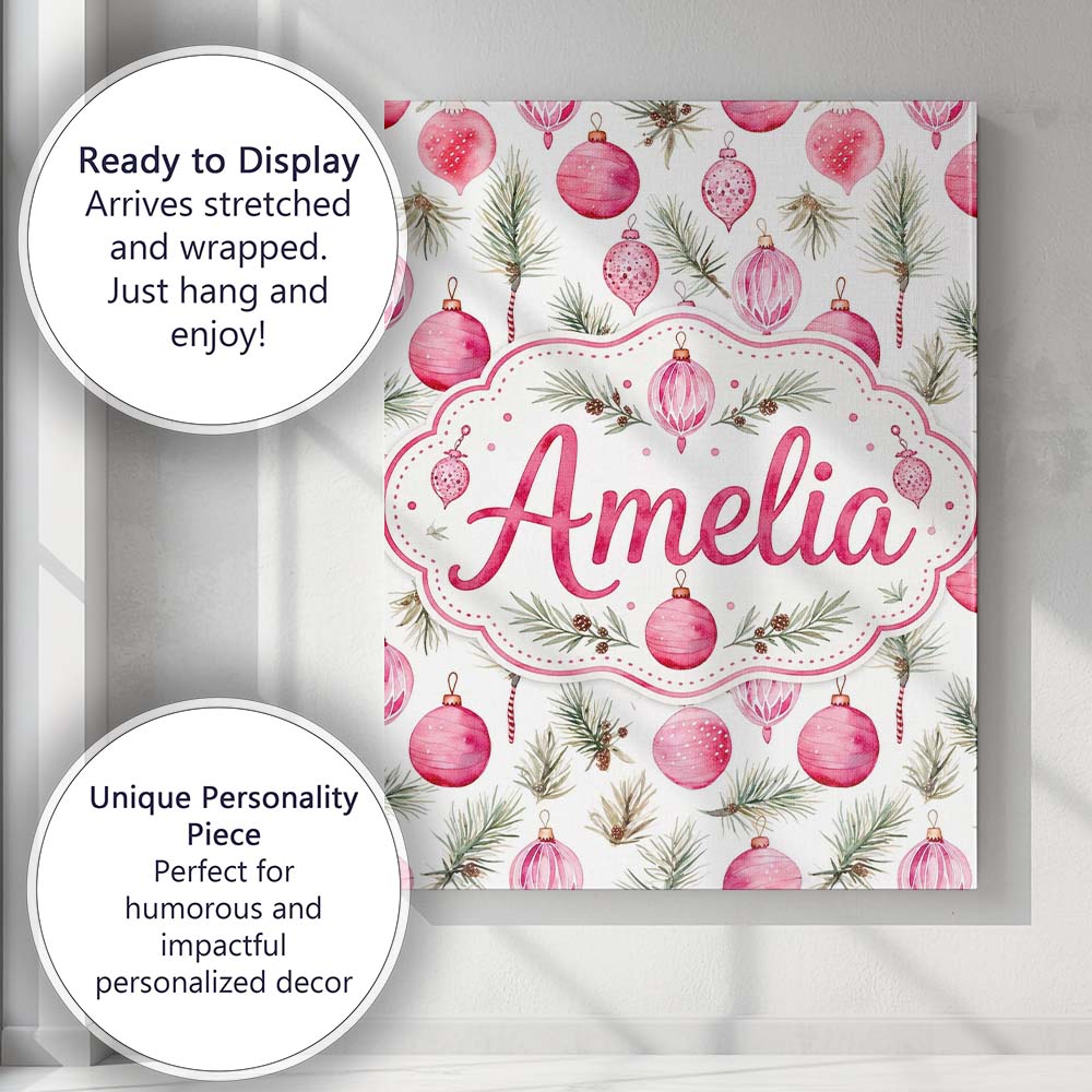 Personalised Name Watercolor Pink Bauble Custom  Unique Gift Idea Elegant Feature Canvas Wall Art Print Decor Picture Ready to Hang