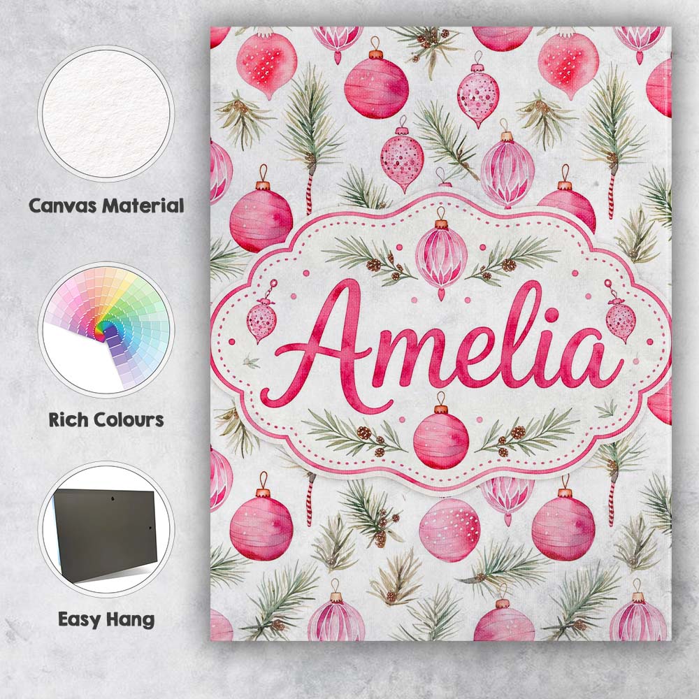 Personalised Name Watercolor Pink Bauble Custom  Unique Gift Idea Elegant Feature Canvas Wall Art Print Decor Picture Ready to Hang