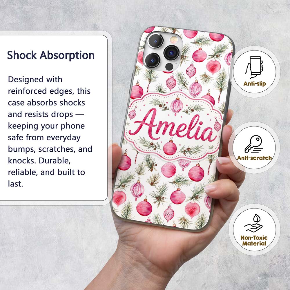 Watercolor Pink Bauble Pine Branch Christmas Custom Name Protective Phone Case Mobile Cover Durable Everyday Smartphone Shock Resistant