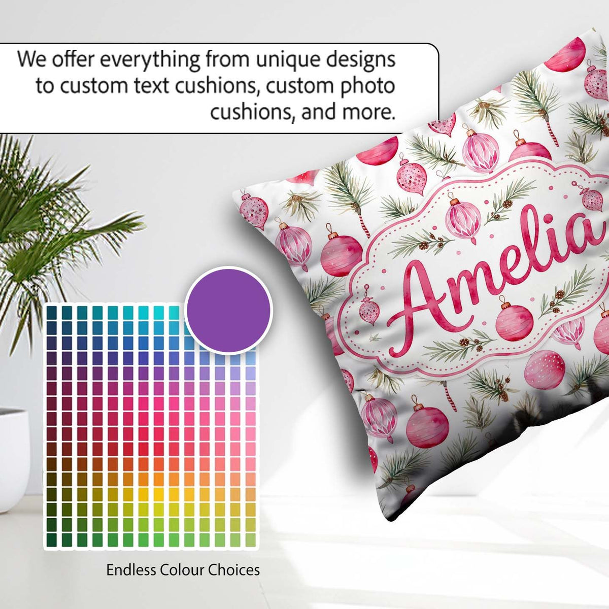 Custom Name Watercolor Pink Bauble Pine Branch Christmas Pattern Square Filled Cushion Throw Pillow Sofa Bed Home Decor Zip Washable UK Made