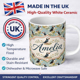 Personalized Custom Name Puffin and Wildflower Garden Pattern Nature Inspired Seamless Design 11oz Ceramic Coffee Tea Mug White Large Handle