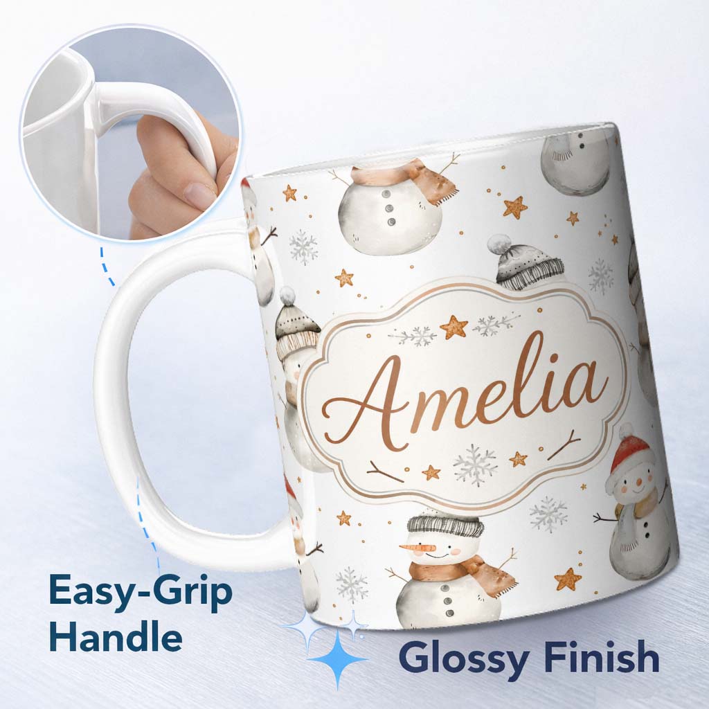 Personalized Custom Name Cute Winter Snowman with Scarf Hat Stars Seamless Pattern Lovely 11oz Ceramic Coffee Tea Mug White Large Handle