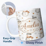 Personalized Custom Name Cute Winter Snowman with Scarf Hat Stars Seamless Pattern Lovely 11oz Ceramic Coffee Tea Mug White Large Handle