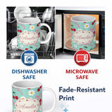 Personalized Custom Name Cute Cherry Bow and Daisy Seamless Pattern on Teal Cute Unique Gift 11oz Ceramic Coffee Tea Mug White Large Handle