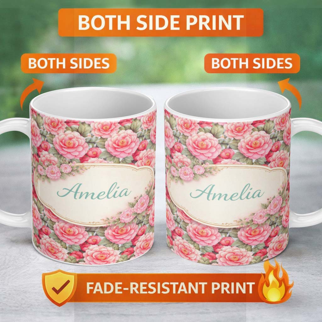 Personalized Custom Name Watercolor Pink Camellia Floral Seamless Pattern Cute Unique Gift 11oz Ceramic Coffee Tea Mug White Large Handle