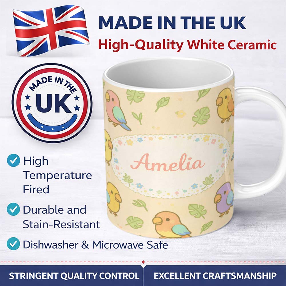 Personalized Custom Name Cute Tropical Parrot Cartoon Animal Pattern Charming Kitchen Decor 11oz Ceramic Coffee Tea Mug White Large Handle