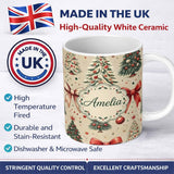 Personalized Custom Name Vintage Christmas Tree with Red Bows Ornaments and Snowflakes 11oz Ceramic Coffee Tea Mug White Large Handle