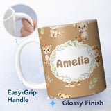 Personalized Custom Name Cute Baby Jungle Animals with Leaves on Warm Tan Background Seamless 11oz Ceramic Coffee Tea Mug White Large Handle