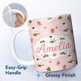 Personalized Custom Name Cute Snowman Gingerbread Candy Winter Seamless Pattern Lovely 11oz Ceramic Coffee Tea Mug White Large Handle