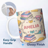 Personalized Custom Name Cute Kawaii Books Reading Glasses Study Theme Seamless Pattern 11oz Ceramic Coffee Tea Mug White Large Handle