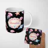 Personalized Custom Name Cute Mermaid with Sea Creatures on Black Background Seamless Pattern 11oz Ceramic Coffee Tea Mug White Large Handle