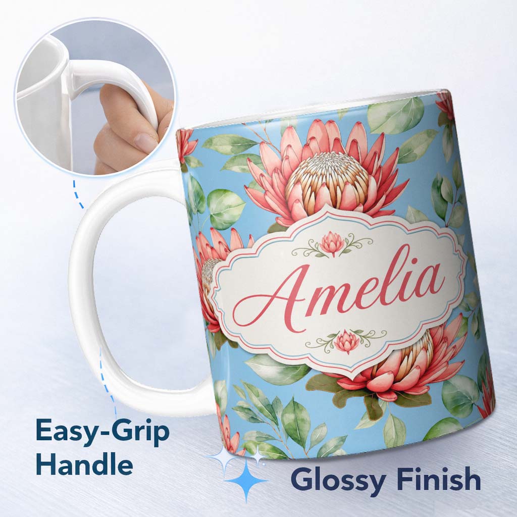 Personalized Custom Name Coral Protea Flowers on Soft Blue Background Seamless Botanical 11oz Ceramic Coffee Tea Mug White Large Handle
