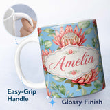 Personalized Custom Name Coral Protea Flowers on Soft Blue Background Seamless Botanical 11oz Ceramic Coffee Tea Mug White Large Handle