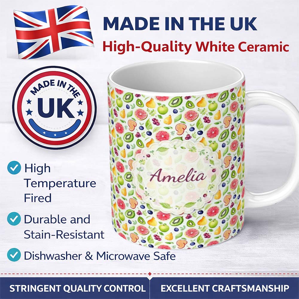 Personalized Custom Name Soft Watercolor Apple Lemon Berry Fruit Seamless Pattern Lovely 11oz Ceramic Coffee Tea Mug White Large Handle