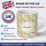 Personalized Custom Name Soft Watercolor Apple Lemon Berry Fruit Seamless Pattern Lovely 11oz Ceramic Coffee Tea Mug White Large Handle
