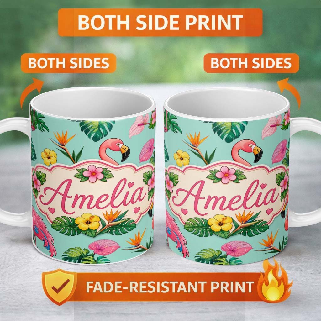 Personalized Custom Name Tropical Flamingo with Hibiscus Flowers and Leaves Mint Background 11oz Ceramic Coffee Tea Mug White Large Handle